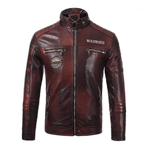 

thick designer mens leather jacket autumn mens printed coats pu leather mens biker jackets stand collar long sleeve, Black