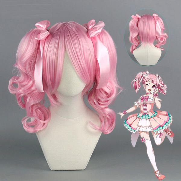 Anime Bang Rüya! Maruyama Aya Cosplay Peruk Maruyama Aya Rol Pembe Kurdela ile Pembe Ponytails Saç Oynamak