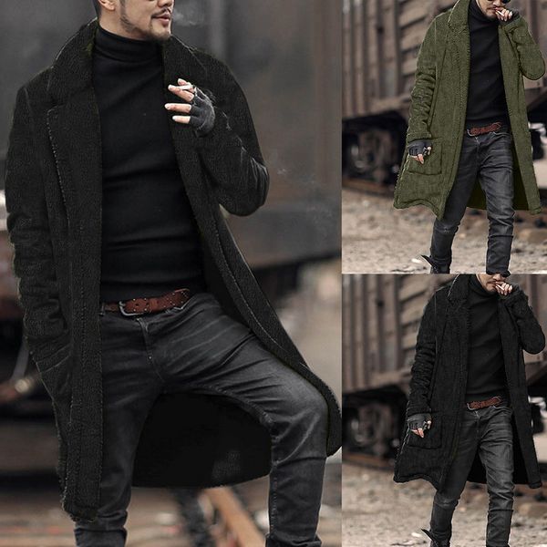 

men autumn winter solid color windbreaker long-length cotton clothes long sleeve double fleece coat men's large pocket jacket, Tan;black