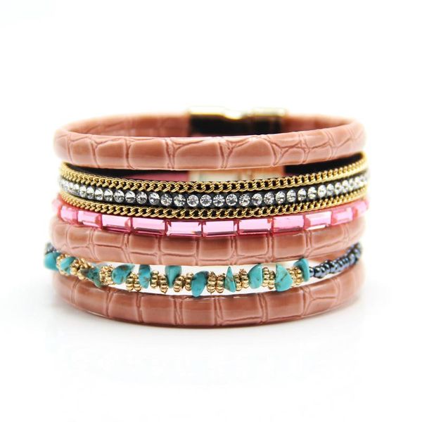 

charm bracelets fashion leather bracelet for women magnetic buckle multilayer wrap turquoises beaded rhinestone bangle jewelry, Golden;silver