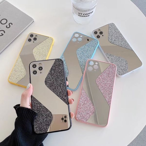 

spliced glitter mirror case for iphone 12promax protective shell anti-knock back cover for iphone 11 pro max xsmax 8 7 plus s shape case
