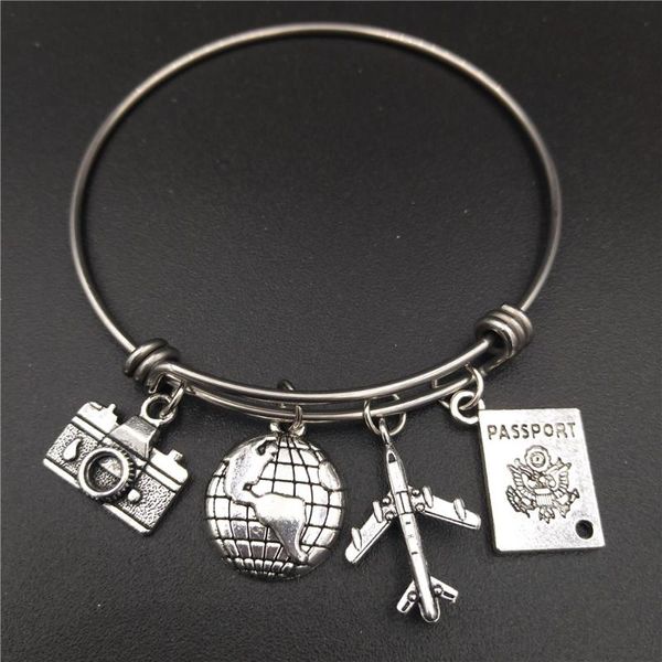 

2.5 inch stainless steel expandable wire bangle love travel bracelet camera globe plane passport charms wholesale bulk jewelry, Black