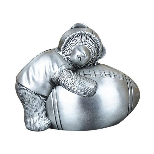

cute alloy metal money box at bear hugging rugby football shape adorable piggy bank saving pot birthday gift for children school