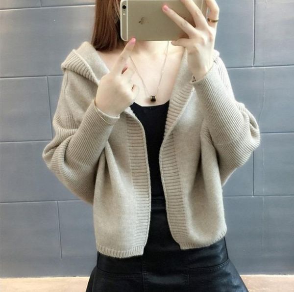 

women's knits & tees 2021 autumn outfit short coat sweater female korean version long sleeve loose pure color hat bat knit cardigan too, White