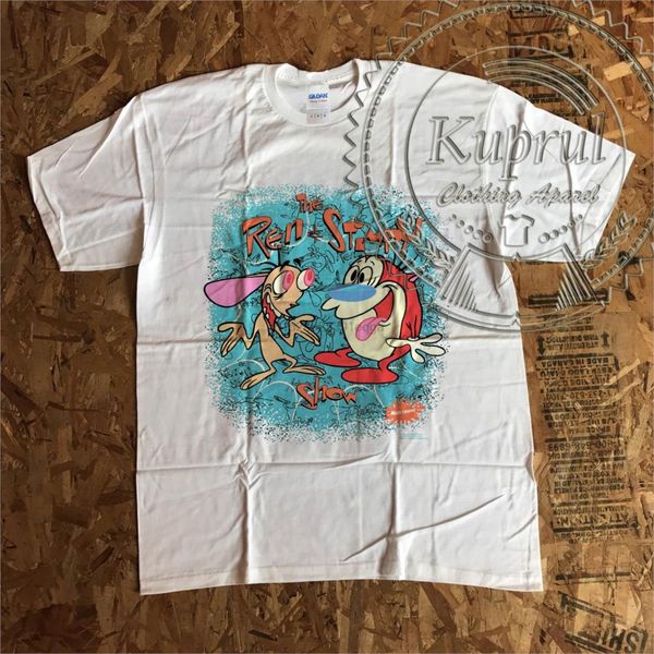 

vtg ren и stimpy 1991 mtv перепечатка t-shirt дешевые оптовая tees100% хлопок для mant рубашки печати 100% хлопок классический тройник