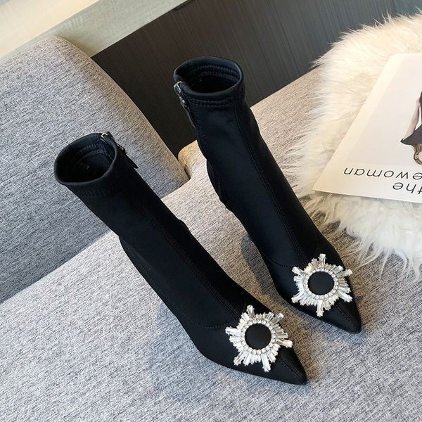 

shoes white ankle boots booties ladies zipper luxury designer winter footwear crystal low autumn fashion high heel rock 2020, Black