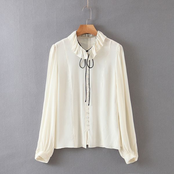 

casual new spring chiffon blouse lace up ruffles collar women long sleeves all matched shirt xb2209, White