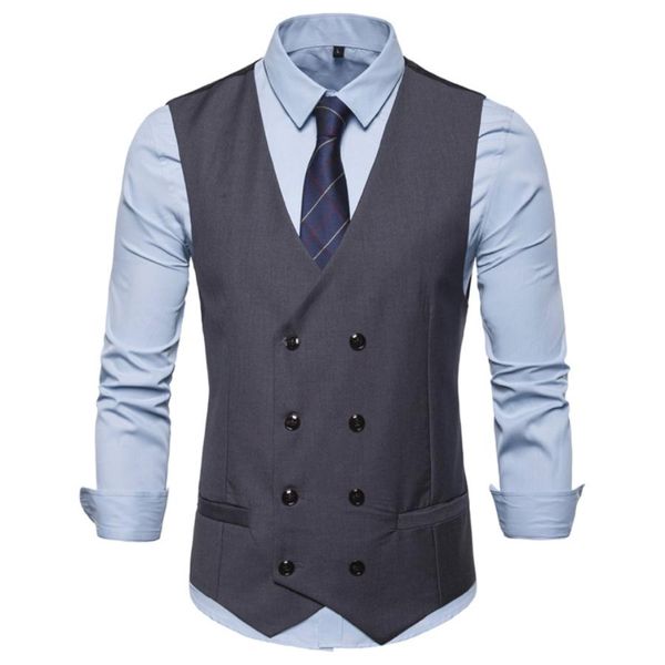 

autumn and winter 2020 new men's solid color casual suit vest v-neck double breasted vest 9706 made in china grey black navy camel, Black;white