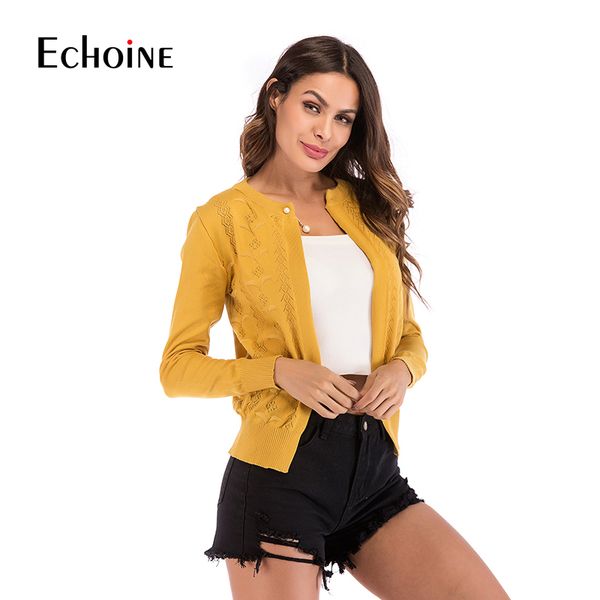 

women's knits & tees womens casual knitted cardigan sweater women o-neck spring fall solid red yellow long hollow out slim sleeve sweat, White