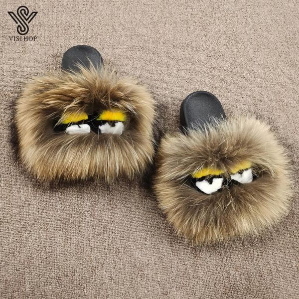 

visi hop 2020 new women real fur slipper lovely raccoon fur sliders soft warm fluffy slide vs1020, Black
