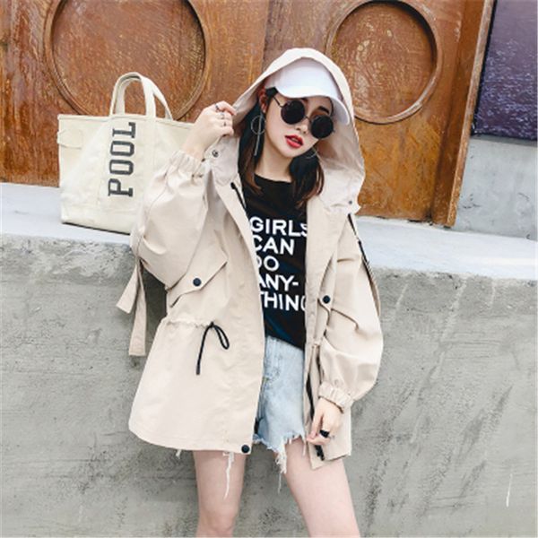 

harajuku hooded student basic coat oversized women clothing korean spring autumn 2020 female drawstring waist windbreaker coat, Tan;black