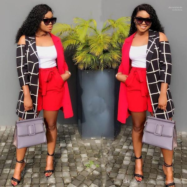 

plaid lapel neck cardigan pencil shorts pants women casual suit summer women panelled 2pcs pants ladies, White
