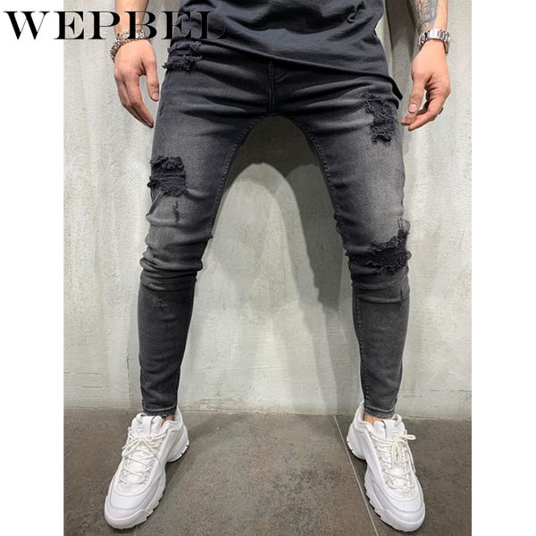 

men's jeans wepbel skinny holes distressed ripped elastic denim pants male casual slim fit biker full length trouser s-3xl, Blue