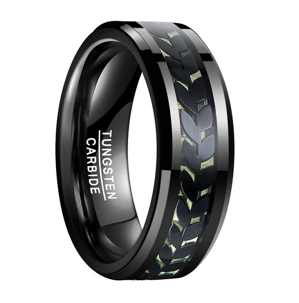 

black inlaid black leaf pattern green carbon fiber tungsten ring usa size 7-12, Silver