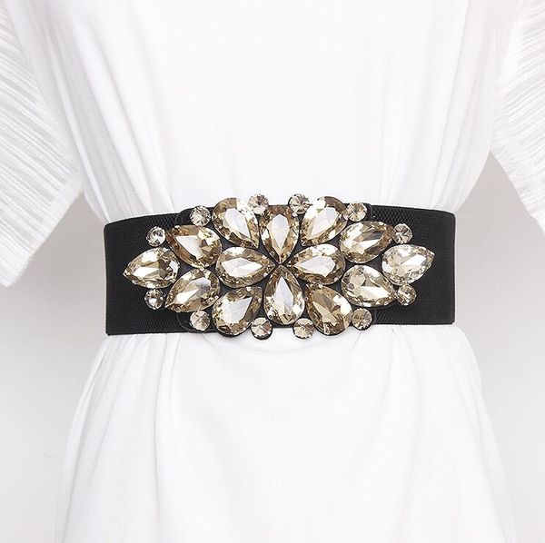 

women's runway fashion rhinestone beaded elastic cummerbunds female dress corsets waistband belts decoration wide belt r2858, Black;brown