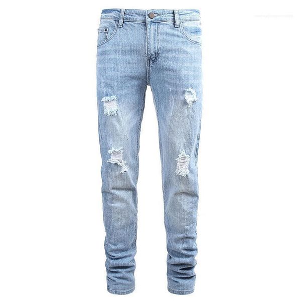 

straight new designer homme clothing casual apparel mens fashion style jeans light blue hole summere button