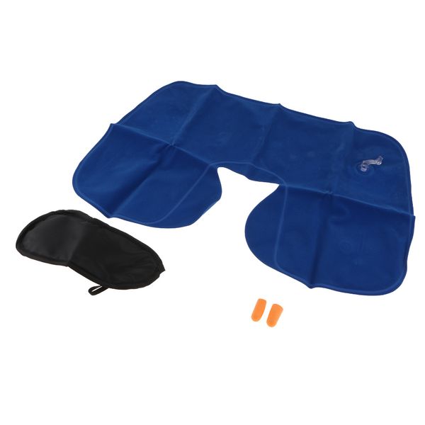 

portable inflatable travel pillow neck head rest air cushion with eye earplugs mask carry bag for airplane office nap (dark blue