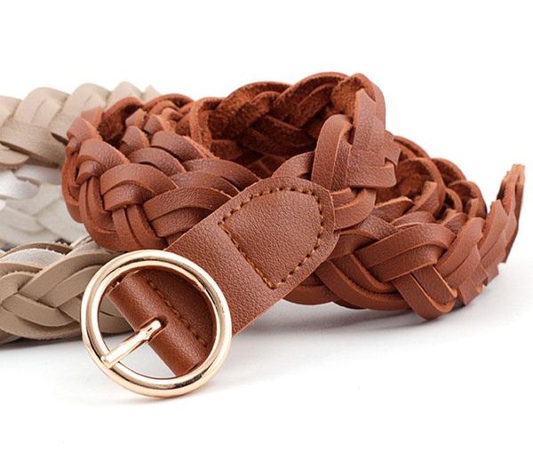 

pu leather braided women belt jeans dress waistband decorative thin belts knitted casual round gold pin buckle women belt hot, Black;brown