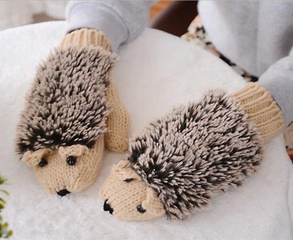

women winter new gloves without fingers knitting wool cute warm mittens fingerless cartoon hedgehog warm gloves, Blue;gray