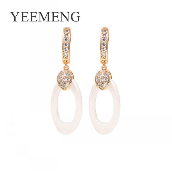 

new oval hollow micro wax inlay natural zircon white ceramic long dangle earrings 585 rose gold women wedding fashion cute, Silver