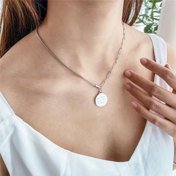 

pendant necklaces fashion stainless steel necklace for women text hexagon retro minimalist clavicle chain female jewelry gift, Silver