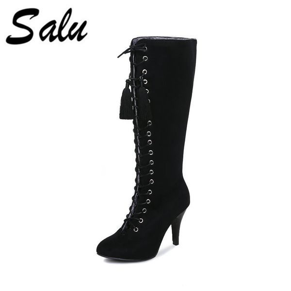 

salu women knee high boots denim fashion thin high heel elegant winter shoes women motorcycle boots big size 34-46, Black