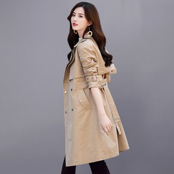 

2020 new women's waterproof cotton long double-breasted trench coat autumn ladies windbreaker overcoat with belt 223, Tan;black