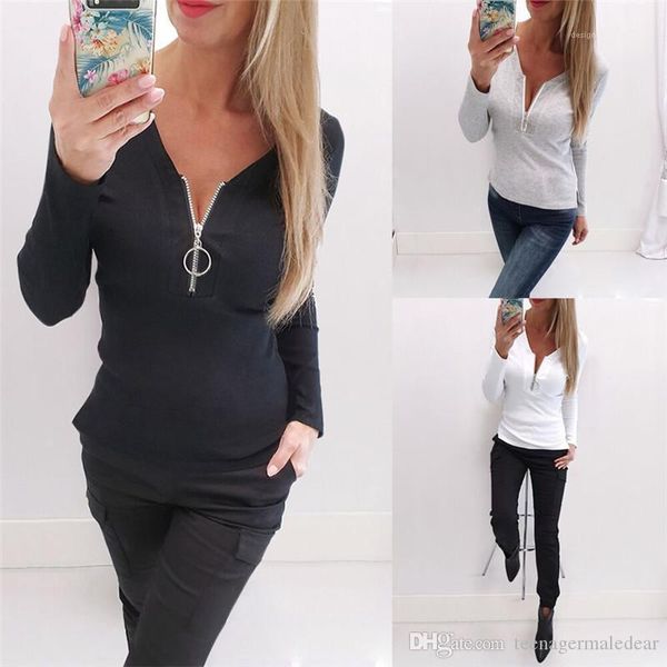 

pullover thin tshirts fashion womens tshirts zipper collar womens designer tshirts solid color slim skinny long sleeved, White