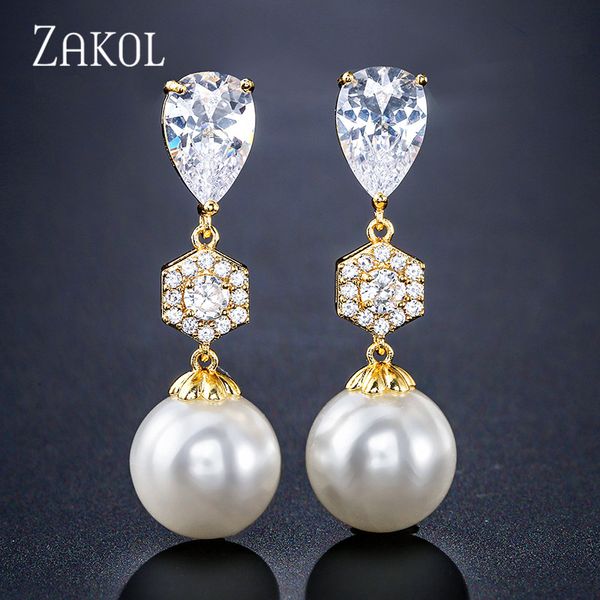 

zakol exquisite cubic zirconia artificial pearl simple fashion earrings for women wedding dinner birthday gift jewelry fsep2389, Silver