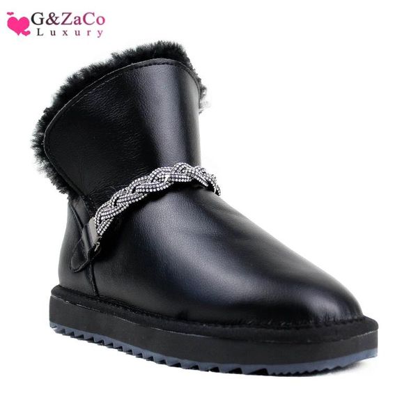

g&zaco luxury wool boots women waterproof genuine sheep fur cow leather snow boots chain winter fashion flat women's shoes, Black