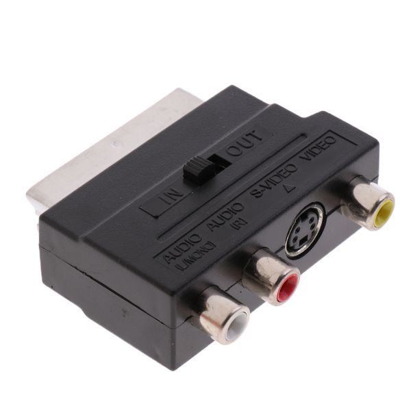 

scart to 3 rca composite phono adaptor converter + in / out switch silver