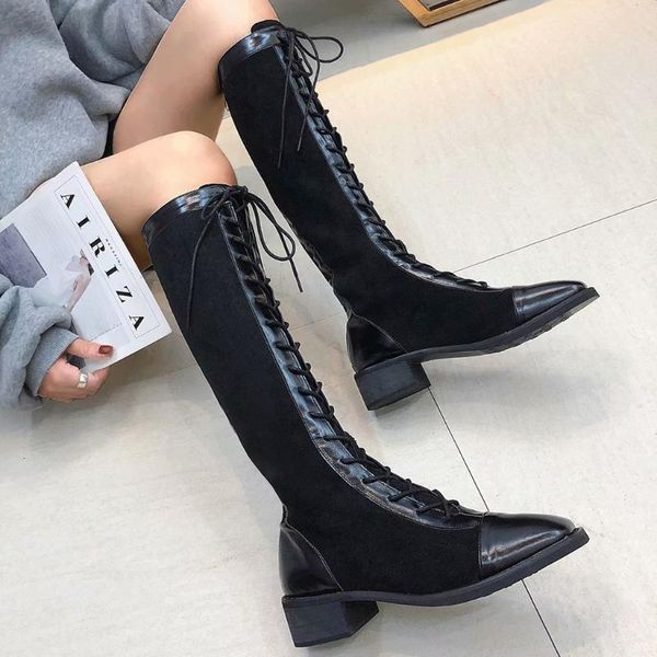 

womens knee length boots patchwork long boots women winter warm lace up women knee ladies leisure chaussures femme, Black