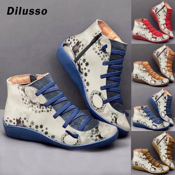 

women's casual flat leather retro boots lace-up side zipper round toe shoe boots print soft spring female 2020 sell boot, Black
