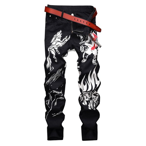 

men's jeans animal printed black fashion slim skinny stretch denim pants, Blue