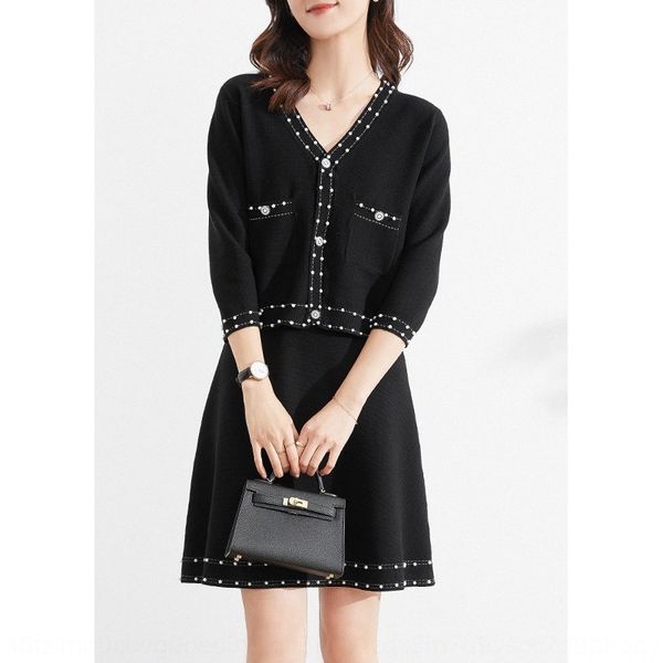 

mijia good quality beaded coat elegant paris style v-neck pocket beaded high waist skirt knitted suit 0aqbb, Gray