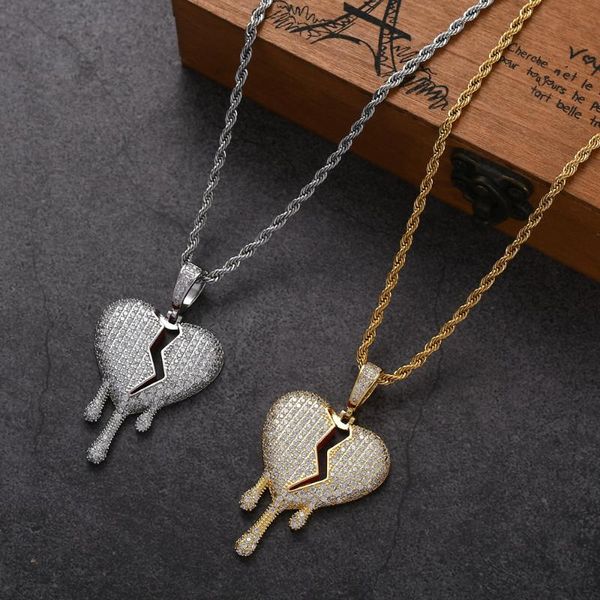 

chains bling women broken water-drop heart cz pendants men rock necklace hip hop jewelry cn225, Silver