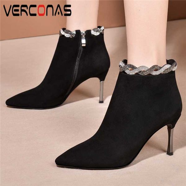 

verconas sexy мода женщины kid suede ботильоны осень зима офис леди обувь женщина боковой молнии тонкие каблуки rhinestone boots, Black