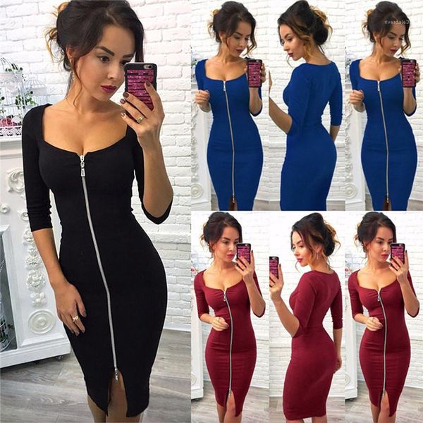 

slim solid color long sleeved scoop neck bodycon dresses fashion women party dresses zipper designer women dresses club sexy, White;black