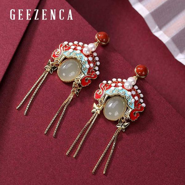 

925 sterling silver gold plated cloisonne jade beijing opera tassels stud earrings vintage chinese style gemstone earring women, Golden;silver