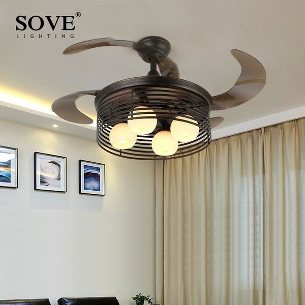 

electric fans nordic village kids ceiling fan with lights black folding remote control bedroom retractable lamp 220v