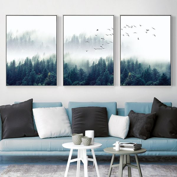 

3 panels canvas painting wall posters and prints modern misty forest mural hd wall art pictures for living room dining restaurant home decor