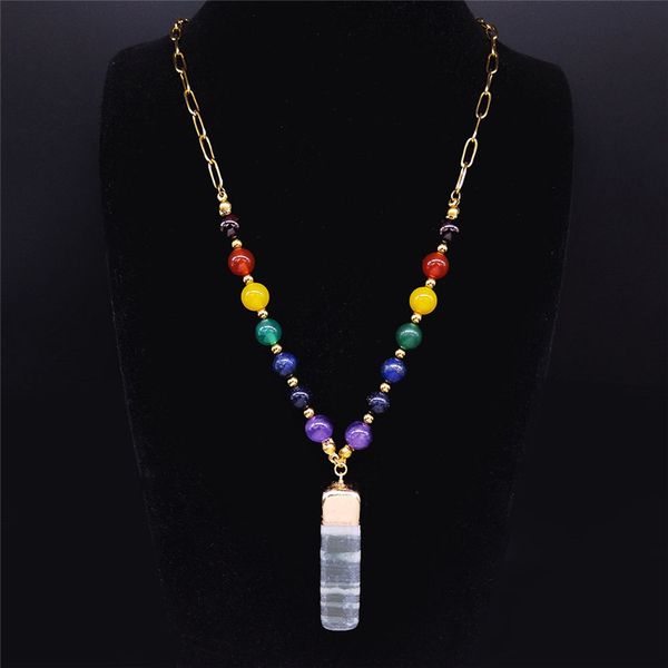 

pendant necklaces 2021 big long 7 color chakra natural stone stainless steel women gold statement necklace jewelry cadena n3s04, Silver