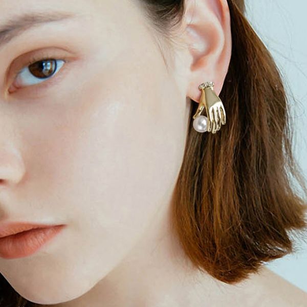

stud sapid 2 color small hand modelling gold sliver earrings statement delicate faux pearl rhinestone geometric metal, Golden;silver