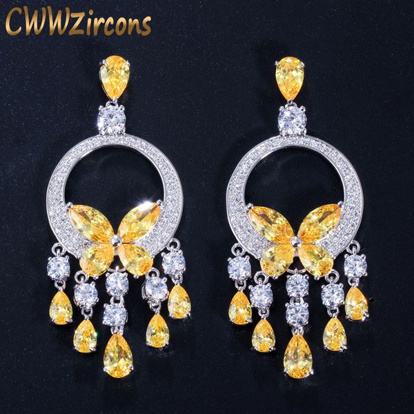 

dangle & chandelier cwwzircons quality long big cz stone yellow crystal tassel drop earrings for women fashion statement wedding party jewel, Silver