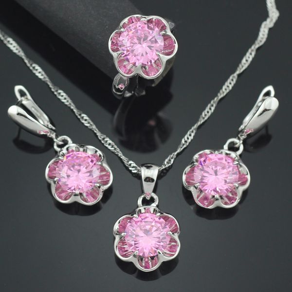 

pink stone women necklace pendant hoop earring ring size 6 7 8 9 bridal t011p, Silver