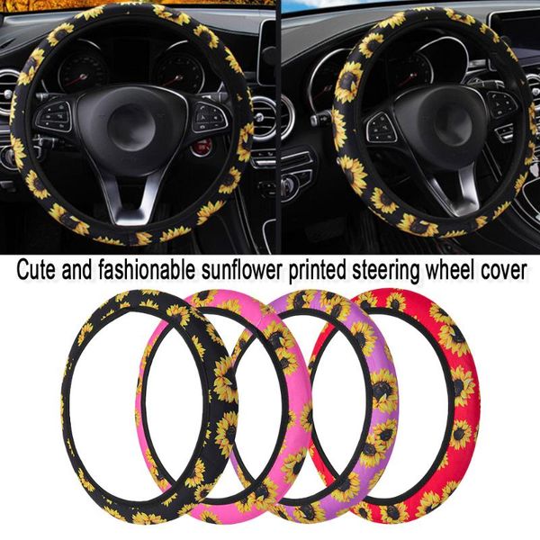 

fashion non slip sunflower floral print car steering wheel cover universal stretchy boho styling car interior accessories