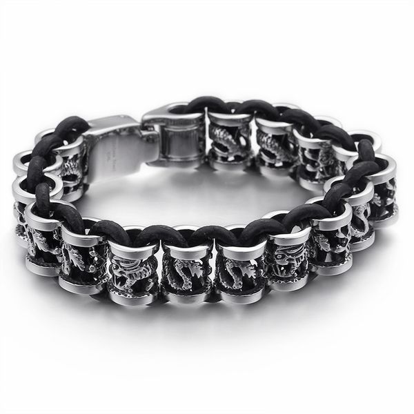

link, chain mixed 316 stainless steel & leather bracelet for men hip hop rock animal charm linking heavy chunky jewelry, Black