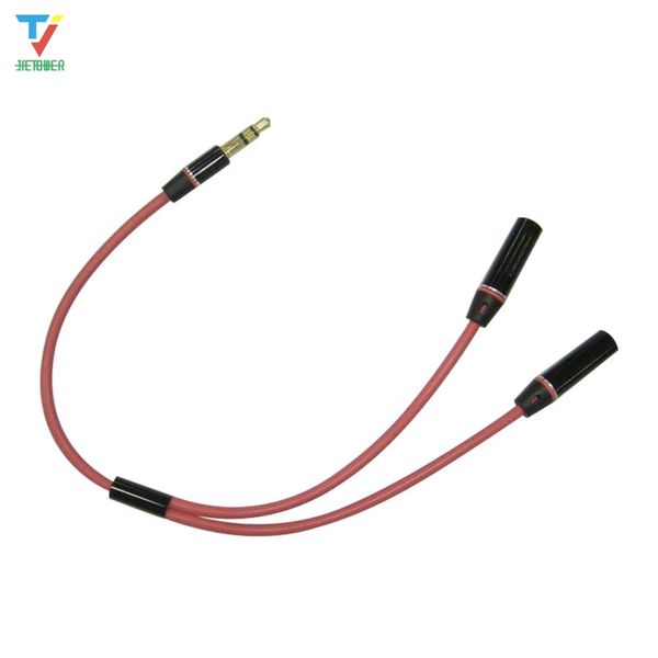 

300pcs/lot 3.5mm male 1 to 2 female metal branch red audio cable splitter earphone lovers sweethearts aux cable
