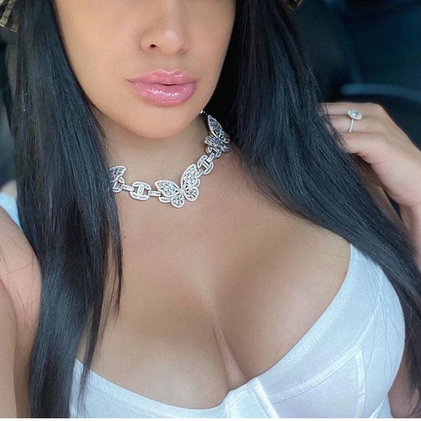 

new arrived iced out bling baguette cz open link chain bling butterfly charm hip hop women necklace high quality, Golden;silver