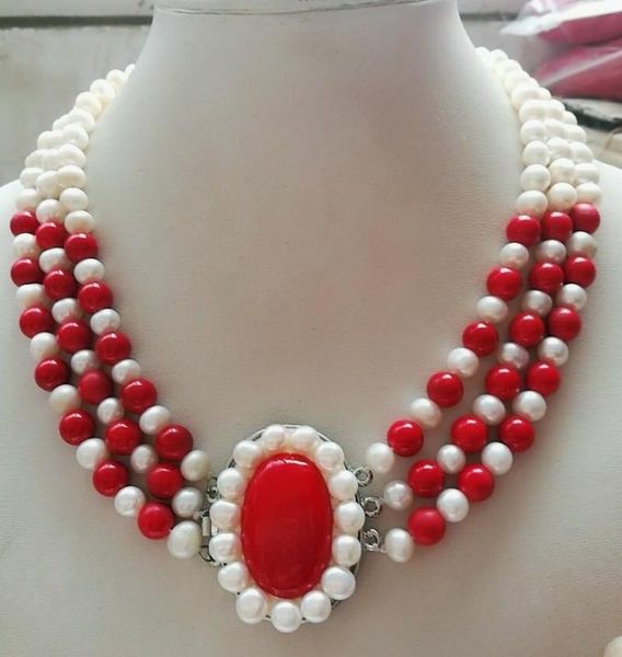 

мода красивый 3 ряды 7-8мм real white pearl red coral ожерелье 18-20, Silver
